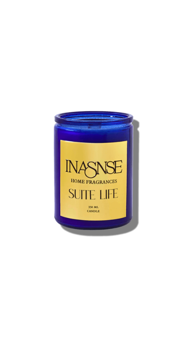 suite life blue candle vessel with gold label